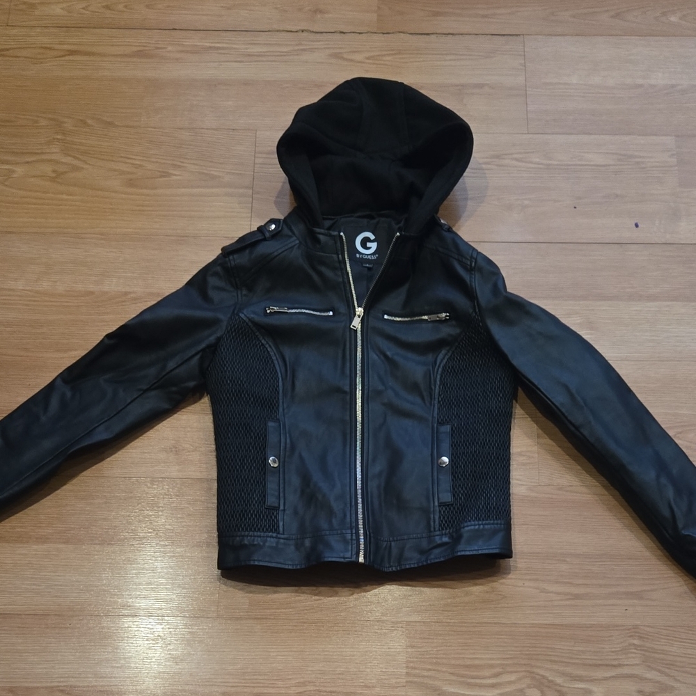 G by Guess Black Hooded Faux Leather Jacket